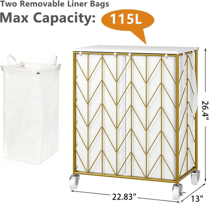WOWLIVE Laundry Basket with Wheels, 142L Laundry Hamper 3 Section with Lid, Dirty Clothes Hamper with Removable Bags, Large Capacity Iron-Made Laundry Basket Organizer Laundry Sorter for Dorm, White