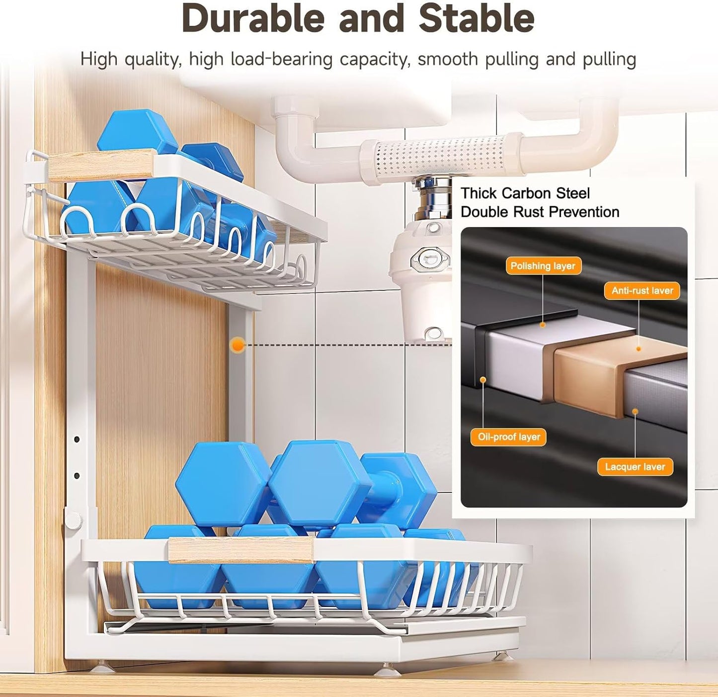 Sevenblue 2-Pack 2-Tier Height Adjustable Under Sink Organizer & Storage | Multi-purpose storage for kitchen & bathroom cabinet. Large black shelf, height adjustable design for space-saving.