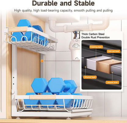 Sevenblue 2-Pack 2-Tier Height Adjustable Under Sink Organizer & Storage | Multi-purpose storage for kitchen & bathroom cabinet. Large black shelf, height adjustable design for space-saving.