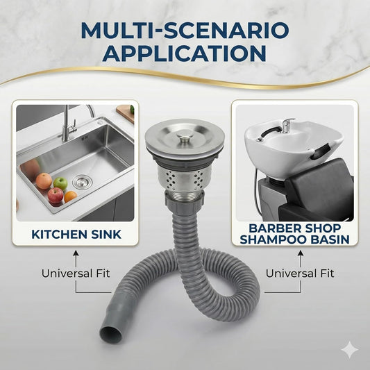 Stainless Steel Sink Drain Strainer Assembly with Flexible Hose - Salon Shampoo Bowl Drain Kit with Deep Hair Catcher Basket & Stopper - Fits 3.1" to 3.5" Sink Openings