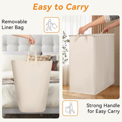 Chrislley 140L Laundry Hamper 2 Section, Double Laundry Basket with Lid, Large Dirty Clothes Hamper with Removable Liner Bags, Collapsible Laundry Organizer for Bedroom, Dorm,Beige