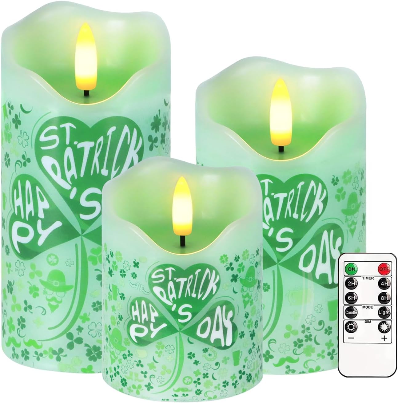 Flameless Candles Lights, Set of 3 Flickering LED Candles with Remote & Timer, Dimmable Electric Pillar Candles Battery Operated, Green Candles for Home St. Patrick’s Day Christmas Decor (Green)