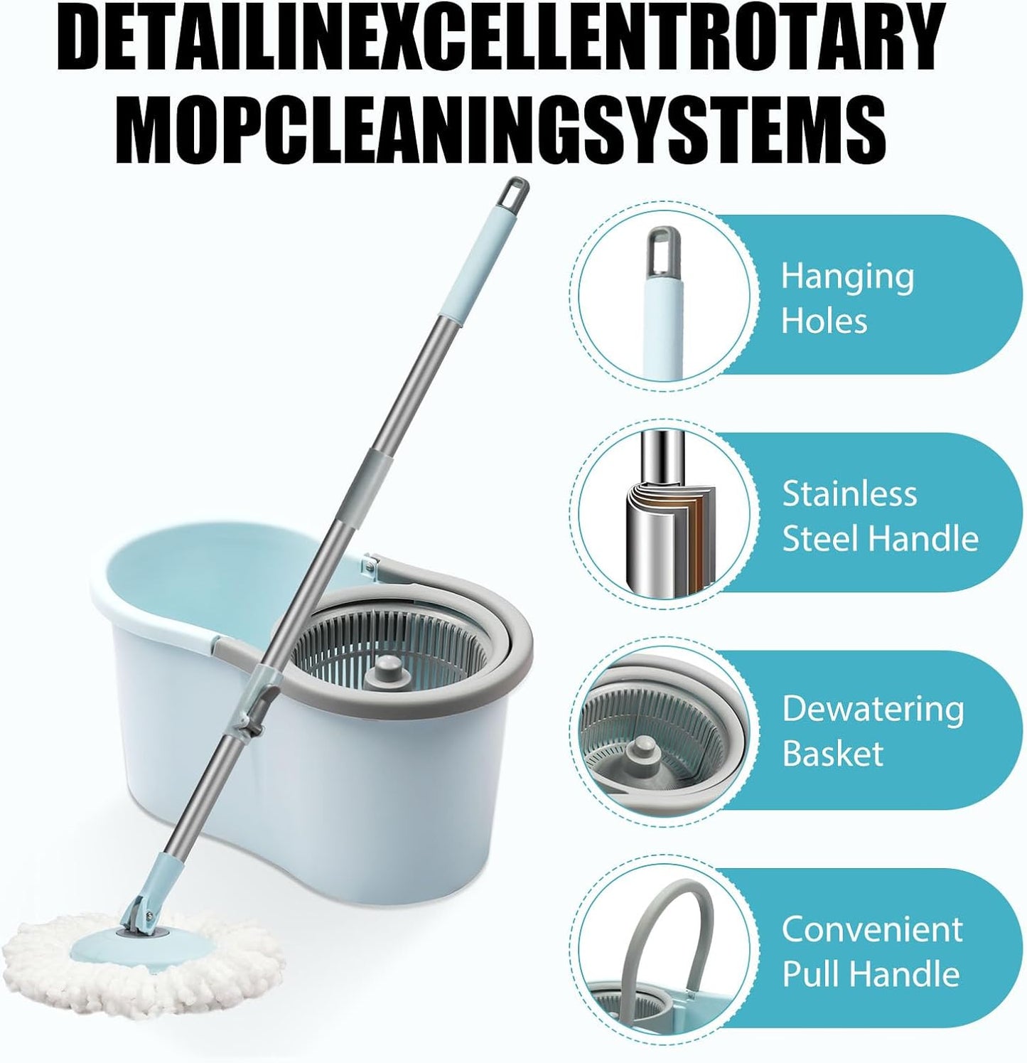 Spin Mop and Bucket with Wringer Set,360° Mop and Bucket System with 3 Microfiber Mop Refills and 50" Extended Handle for Floor Cleaning