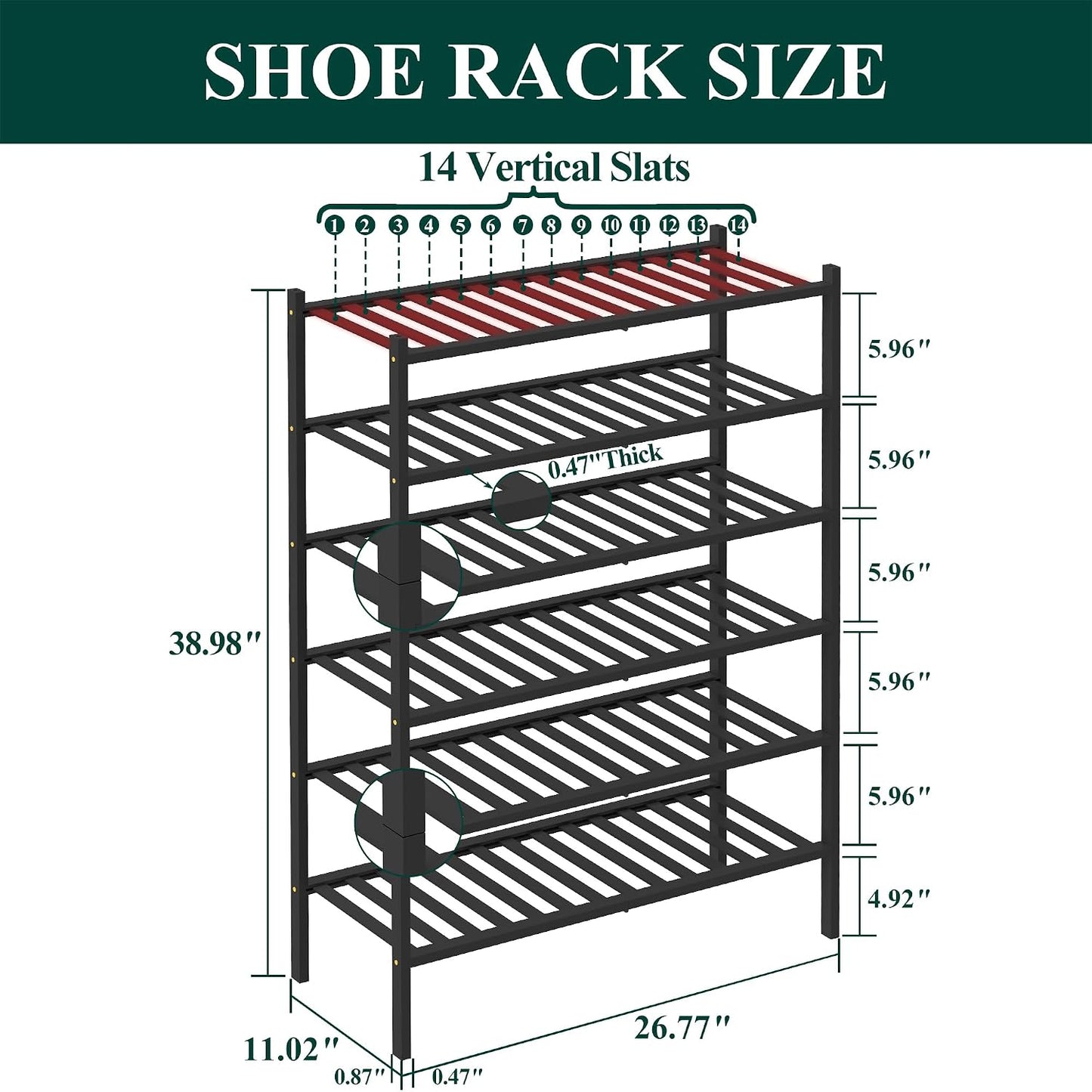 Smiry Bamboo Shoe Rack, 3 Tier Free Standing Wooden Shoe Organizer, Stackable Wood Shoe Storage Shelf for Closet, Entryway, 12 Vertical Slats, 2+1 Stack Standard Legs, 26.8"x11"x19.5", Natural