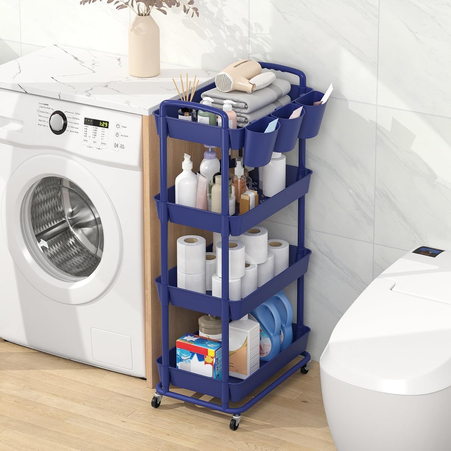 JIUYOTREE 4-Tier Plastic Rolling Storage Cart Utility Cart with Extra Hanging Cups Handles Lockable Wheels for Living Room Bathroom Kitchen Office White