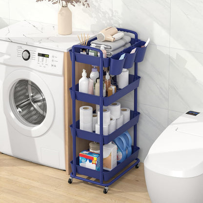 JIUYOTREE 4-Tier Plastic Rolling Storage Cart Utility Cart with Extra Hanging Cups Handles Lockable Wheels for Living Room Bathroom Kitchen Office White