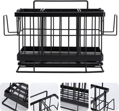 Outanaya Adjustable Stainless Steel Sponge Drain Shelf and Rag Storage Rack for Kitchen Sink, Black Wall-mounted Dish Cloth Holder with Drain Basket, 1pcs Kitchen Organizer for Cleaning