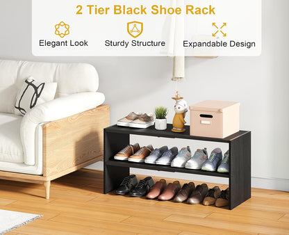 White Shoe Rack Organizer for Closet, 2-Tier Expandable Shoe Shelf, Stackable Iron Wood Combination Small Shoe Racks Shelves for Closets, Entryway,Small Space,Hallway,Bedroom,Bathroom,6-12 Pairs