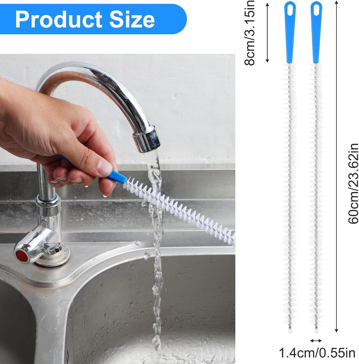 Yuanchu 2 Pack Flexible Drain Cleaning Brush, 23.6inch Long Drain Clog Remover Tool with Nylon Bristles Rust-Resistant Sink Unblocker Tool for Toilet Kitchen Shower Sewer Tub