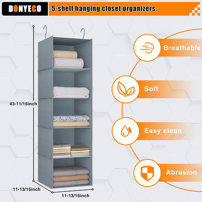 Hanging Closet Organizer 3-Shelf, Oxford Fabric Wardrobe Storage, Gray | Easy-mount foldable design holds clothes, handbags, shoes & accessories; washable Oxford fabric, sturdy and space-saving.