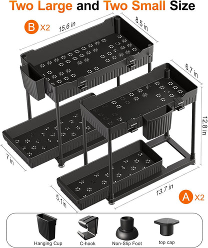 Sevenblue 4-Pack 2-Tier Under Sink Organizer with Pull Out Drawers | Multi-use kitchen & bathroom storage. Includes hanging hooks and cups. Black, space-saving cabinet design.