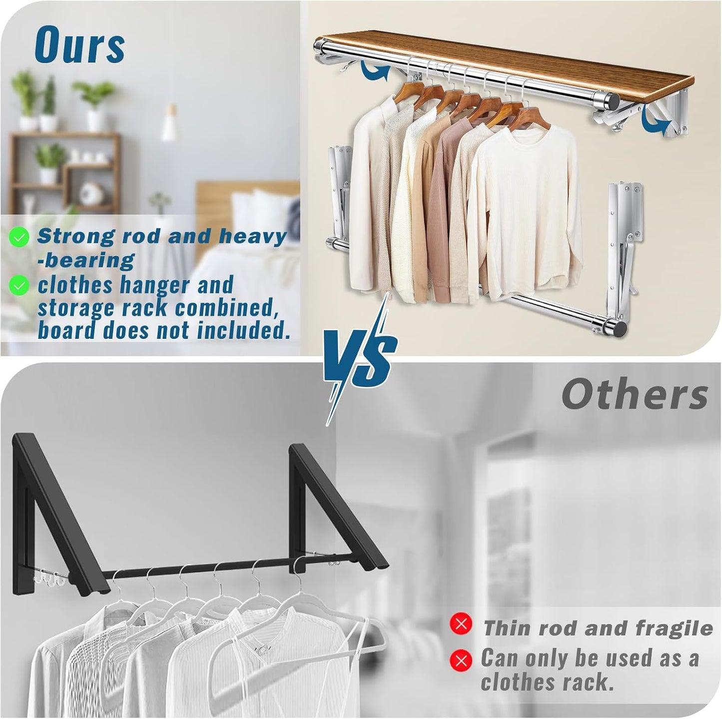 Foldable Wall Mounted Clothes Rack-30'' Long Rod&2 Thick Bases,Stainless Steel,Multi-Purpose for Space-Saving Garment Rack/Clothes Drying Rack/Clothes Hanger,Detachable and Top Shelf Room Reserved