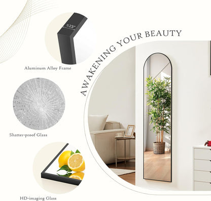 59"x16" Arched Full Length Mirror, Full Body Mirror with Leaning or Standing, Floor Standing Aluminum Frame for Bedroom, Livingroom, Cloakroom, Black