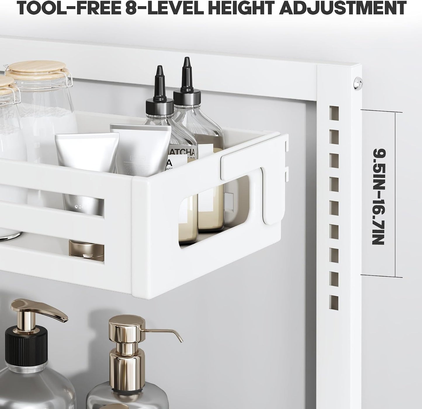 2 Pack Under Sink Organizer,Pull Out Cabinet Organizer with Smooth Cylindrical Rail,Metal Slide Out Drawer for Kitchen Bathroom Laundry Cabinet,8-Level Tool Free Height Adjustable-Black