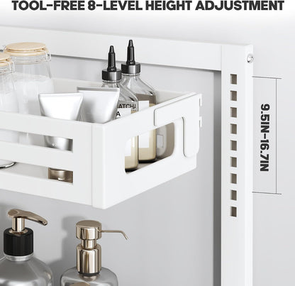 2 Pack Under Sink Organizer,Pull Out Cabinet Organizer with Smooth Cylindrical Rail,Metal Slide Out Drawer for Kitchen Bathroom Laundry Cabinet,8-Level Tool Free Height Adjustable-Black