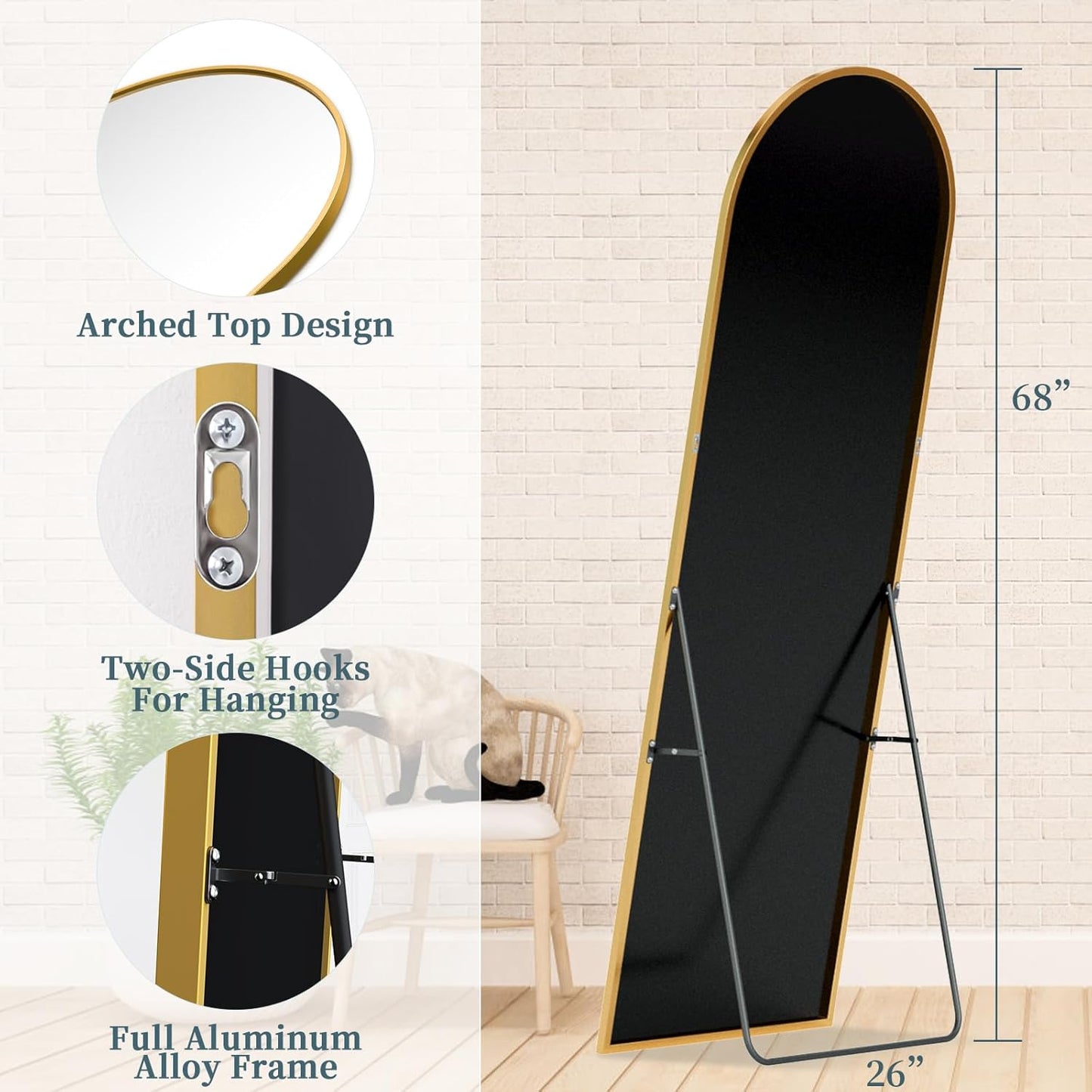 Full Length Mirror with Stand, 71"x28" Arched Full Body Large Stand Up Aluminum Frame Floor Standing Mirror, Freestanding Hanging Leaning Mounted for Bedroom Living Room Entryway Gold