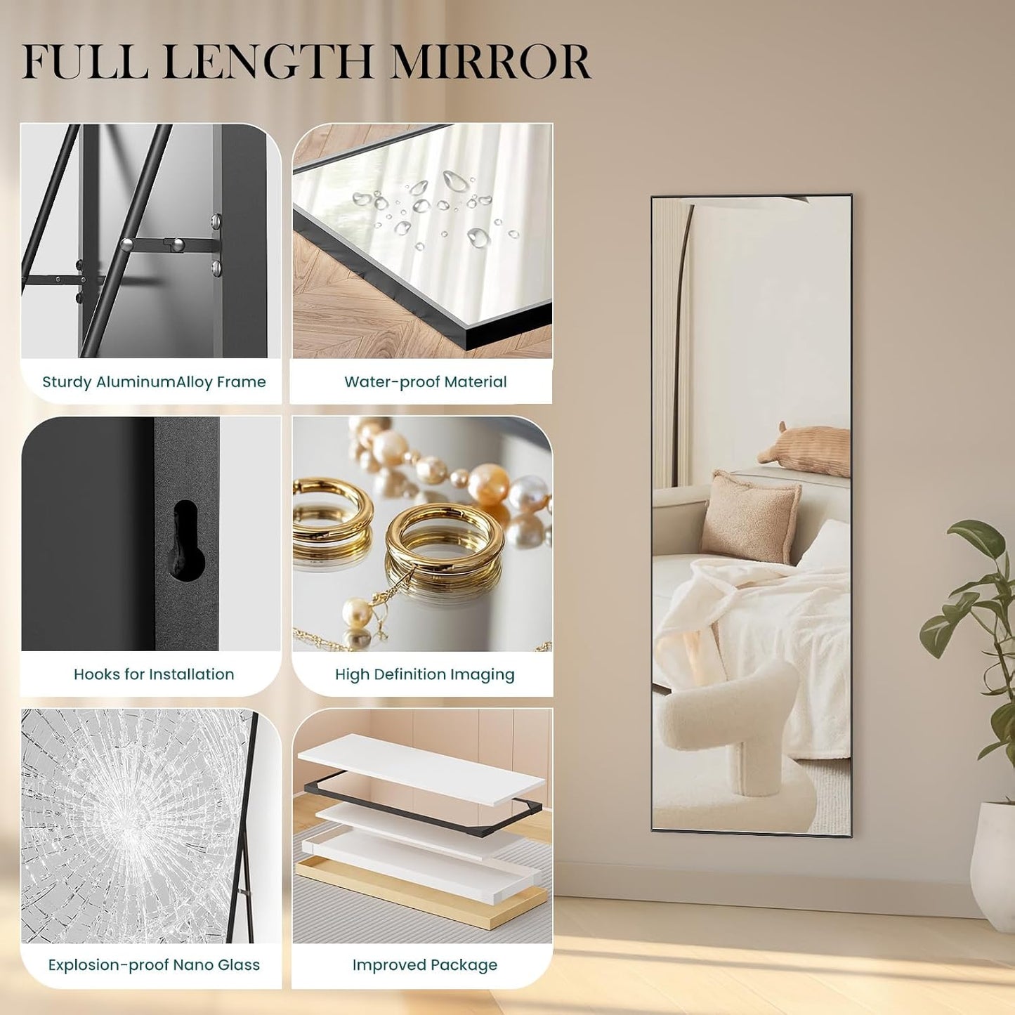 Arched Mirror Full Length, Upgraded 16"x59" Body Wall Mirrors with Shatter-Proof Glass, Floor Standing, Hanging or Leaning, Tall Arch Mirror with Stand Aluminum Alloy Frame for Bedroom Cloakroom
