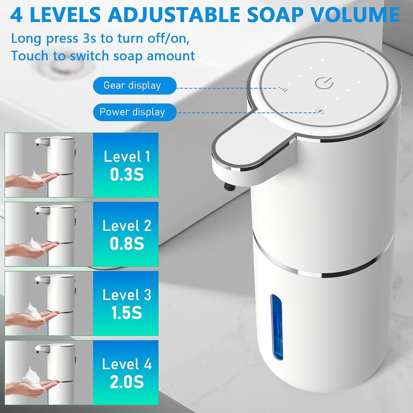 Automatic Soap Dispenser Touchless, USB Rechargeable Automatic Foaming Soap Dispenser, 12.8oz/380mL, 4 Level Adjustable, 1500mAh Smart Wall Mounted for Bathroom Kitchen Dish/Hand Soap