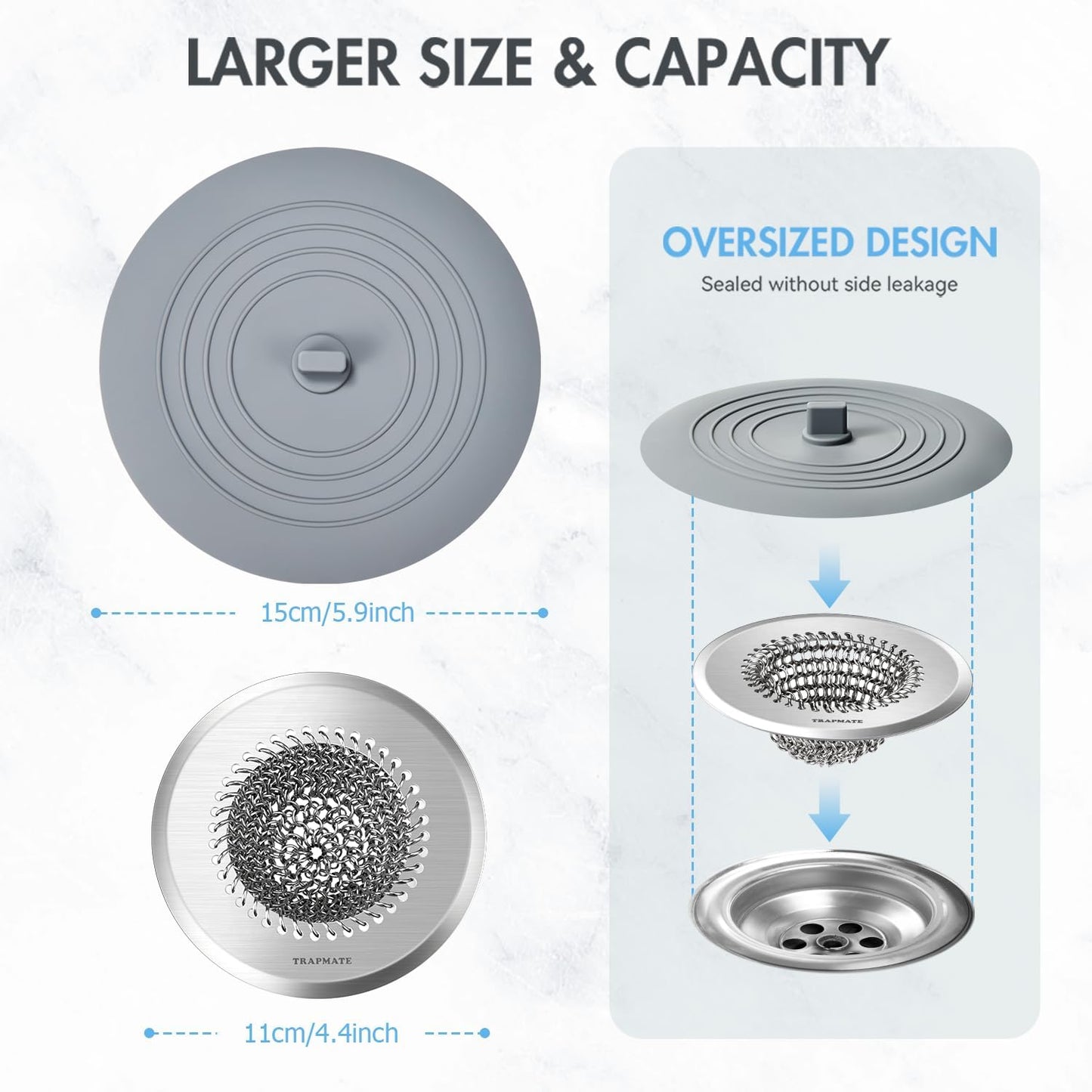 Reversible Kitchen Sink Drain Strainer Basket for Sink & Garbage Disposal | Easy Clean, Anti-Clogging, Fast Drainage, Anti-Slip, Anti-Rust, 304 Stainless Steel, Large Capacity, 4.4",Patented Chain Mesh