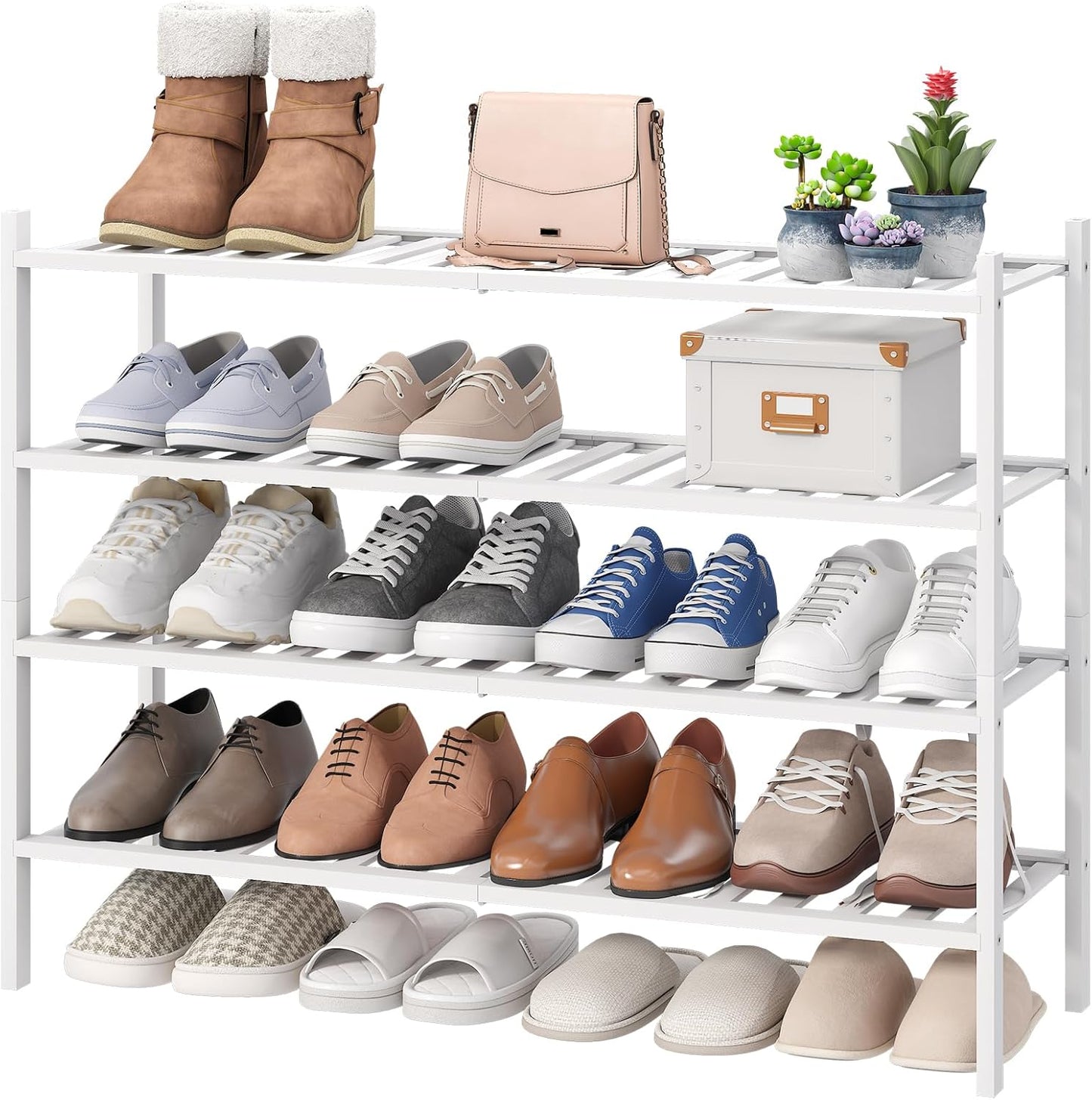 viewcare 3-Tier Black Bamboo Shoe Rack for Entryway, Stackable | Foldable | Natural, Shoe Shelf Storage Organizer for Hallway Closet, Free Standing Shoe Racks for Indoor Outdoor