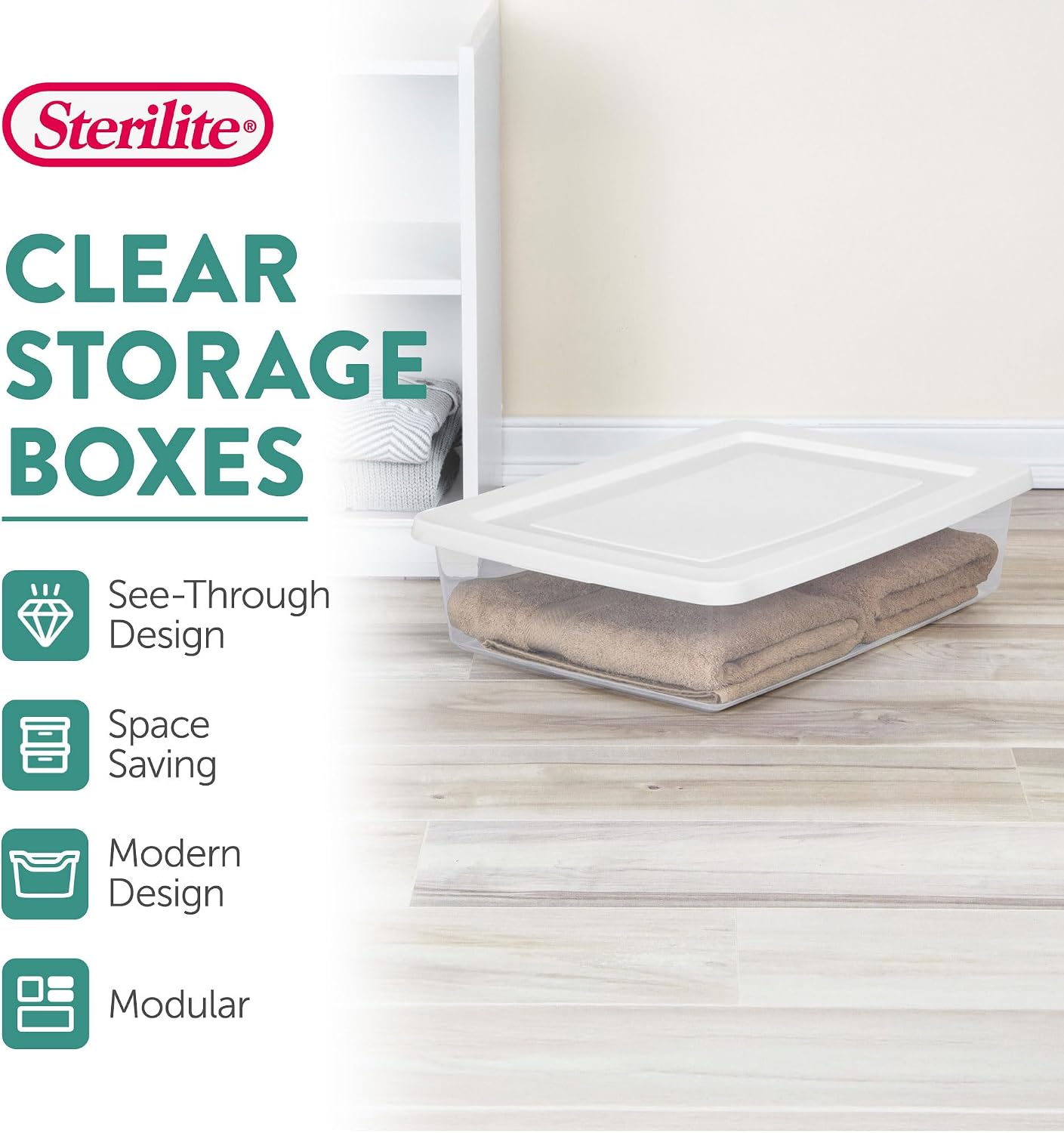 Sterilite 6 Pack Storage Box, 41 Quart Stackable Tote, Clear Plastic Container with Secure Snapping White Lids for Home and Office Organization