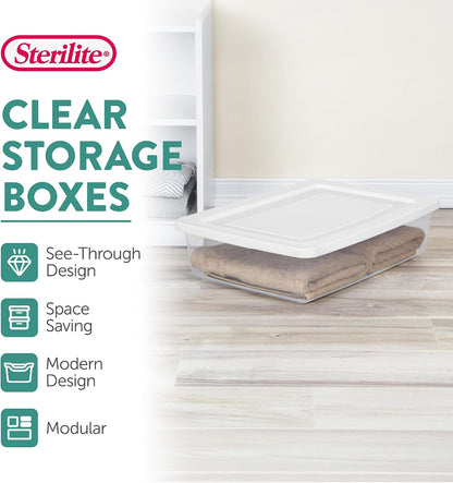 Sterilite 6 Pack Storage Box, 41 Quart Stackable Tote, Clear Plastic Container with Secure Snapping White Lids for Home and Office Organization