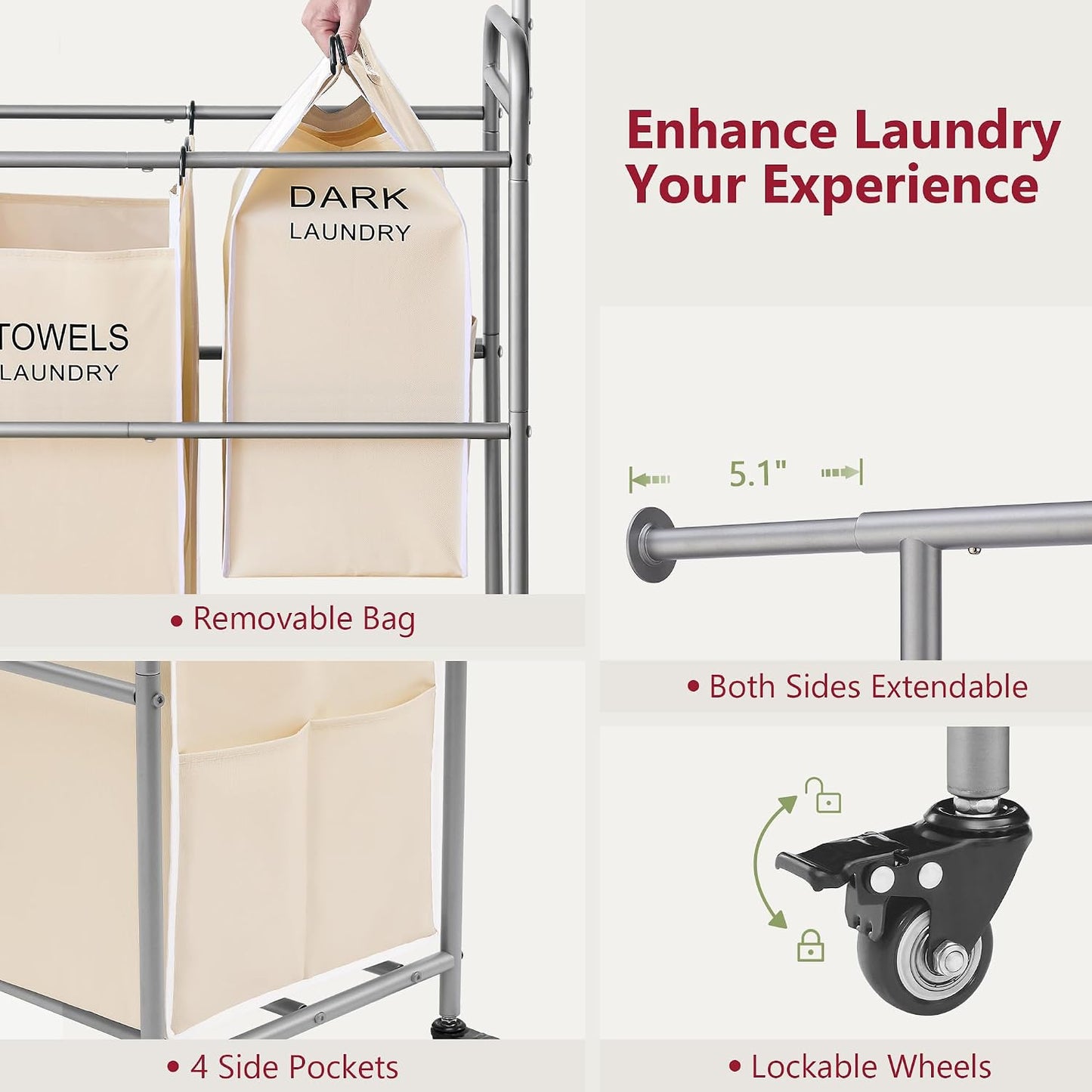 Tajsoon Laundry Hamper with Hanging Rack, 3 Section Laundry Sorter with Heavy Duty Lockable Wheels, Laundry Basket Organizer for Dirty Clothes Storage, 3 Beige