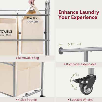 Tajsoon Laundry Hamper with Hanging Rack, 3 Section Laundry Sorter with Heavy Duty Lockable Wheels, Laundry Basket Organizer for Dirty Clothes Storage, 3 Beige