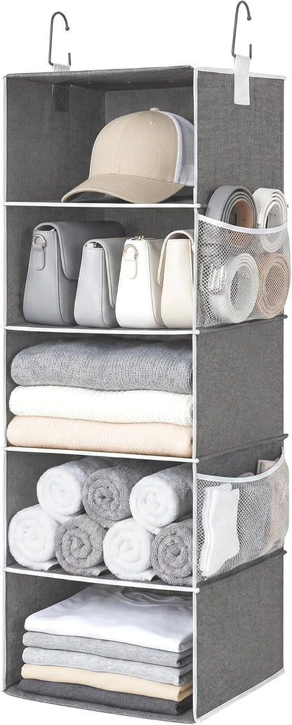 StorageWorks 6-Shelf Hanging Closet Organizer, Hanging Shelves for Closet, Fabric, Mixing of Beige, White & Ivory, 12" D x 12" W x 47 1⁄2" H