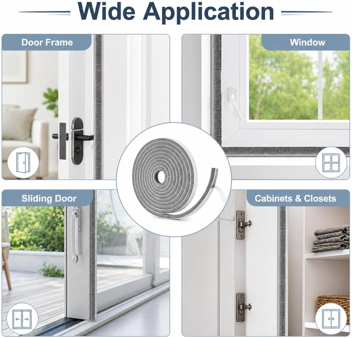 Self-Adhesive Door Draft Stopper & Weather Stripping Door Seal – Gray, 33 Ft x 0.35" Wide x 0.35" Thick Foam Seal Strip – Draft Blocker, Noise Reduction, Insulation