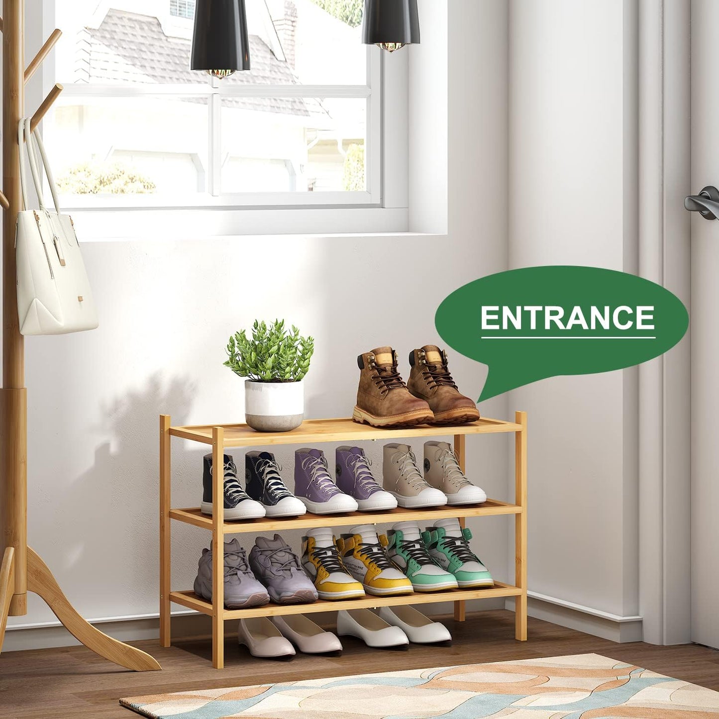 kiplant Small Shoe Rack, 4-Tier Bamboo Wood Shoe Rack for Entryway, Stackable Shoe Organizer for Hallway Closet, Free Standing Shoe Racks for Indoor & Outdoor
