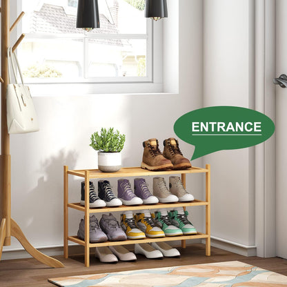 kiplant Small Shoe Rack, 4-Tier Bamboo Wood Shoe Rack for Entryway, Stackable Shoe Organizer for Hallway Closet, Free Standing Shoe Racks for Indoor & Outdoor
