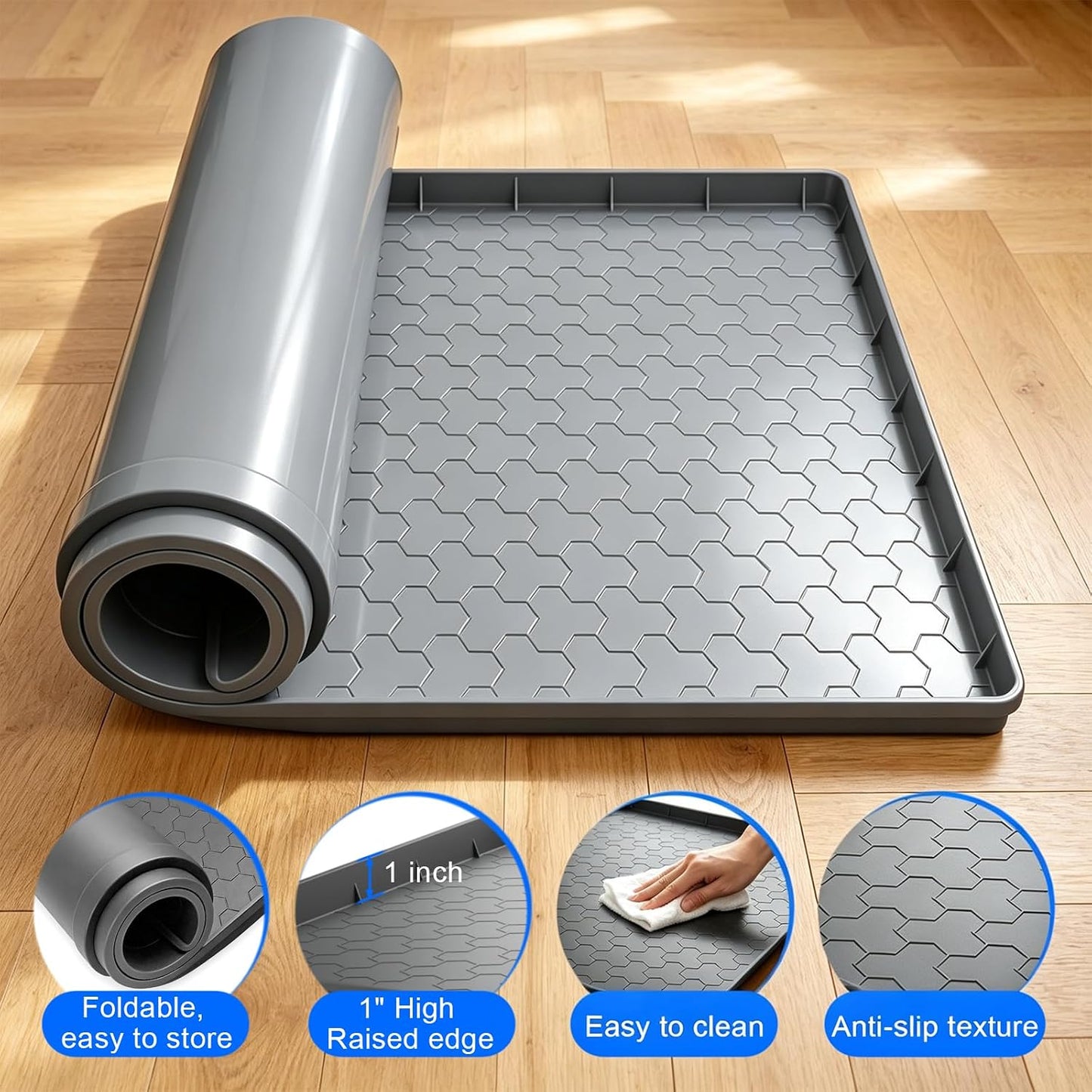 Washing Machine Drain Pan Silicone Mat, Thickened Large 32" X 30" Non-Slip Waterproof Washer Drip Tray, Raised Edge Mat for Under Dryer or Washer, Anti-Vibration,Floor Leak Protector for Laundry Room