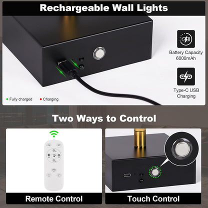Battery Operated Wall Sconce Set of Two with Remote Control, 3000K-6000K Dimmable Black Wall Lights, Timable LED Wireless Wall Sconces, 350° Ratate for Bathroom, Living Room, Hallway 29.1 Inch
