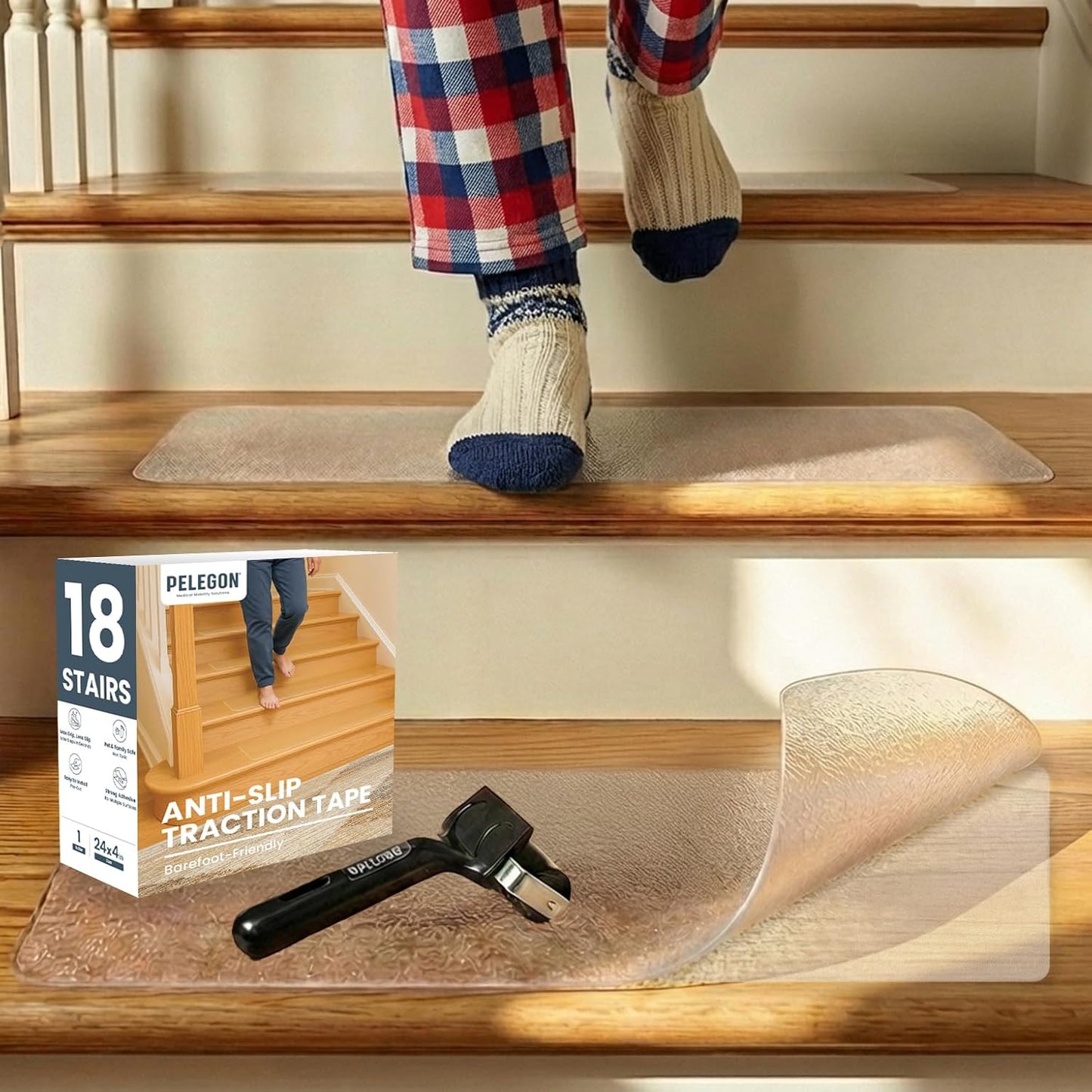PELEGON Outdoor Stair Treads Non-Slip for Wooden Steps (12 Stairs) 6"x30" Heavy Duty Waterproof Anti Slip Traction Tape, Black Grip Tape Treads Outdoor for Wood, Decks, Ramps