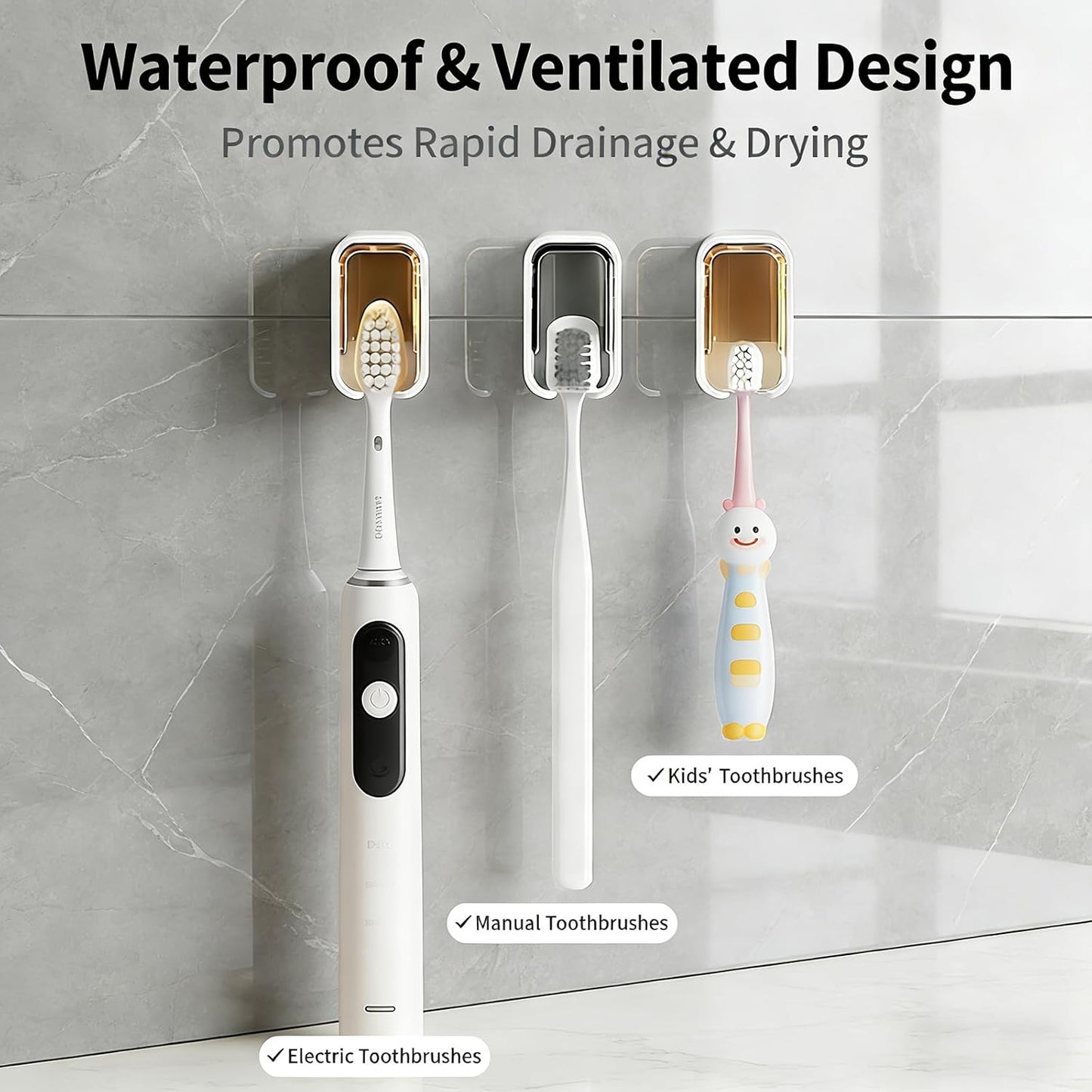 3 Pack Wall Mounted Toothbrush Holder with Lid - Adhesive No-Drill, Clear Acrylic Dust-Proof Cover, Electric Toothbrush Holder Set, Bathroom Organizer for Family Travel