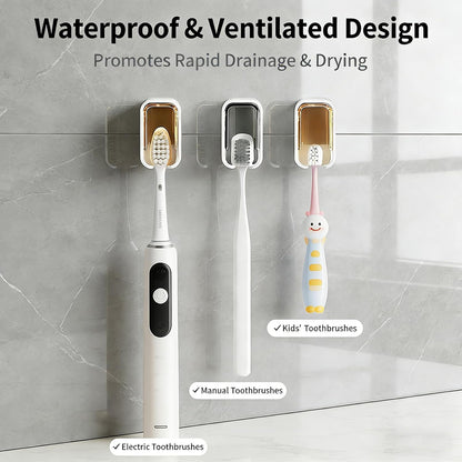 3 Pack Wall Mounted Toothbrush Holder with Lid - Adhesive No-Drill, Clear Acrylic Dust-Proof Cover, Electric Toothbrush Holder Set, Bathroom Organizer for Family Travel