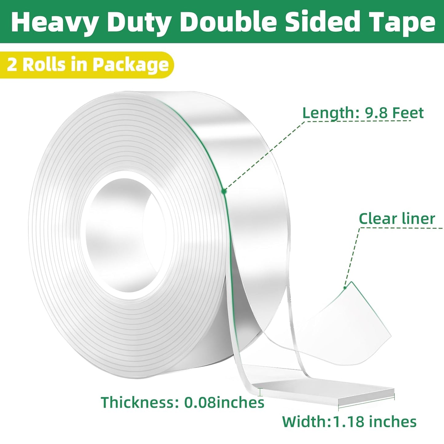 YMHB Double Sided Tape Heavy Duty, Nano Tape Double Sided Mounting Tape(2 Rolls, Total 19.6FT), Removable Transparent Adhesive Tape, Clear Two Sided Poster Wall Tape Strips for Home Office