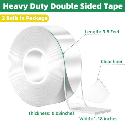 YMHB Double Sided Tape Heavy Duty, Nano Tape Double Sided Mounting Tape(2 Rolls, Total 19.6FT), Removable Transparent Adhesive Tape, Clear Two Sided Poster Wall Tape Strips for Home Office