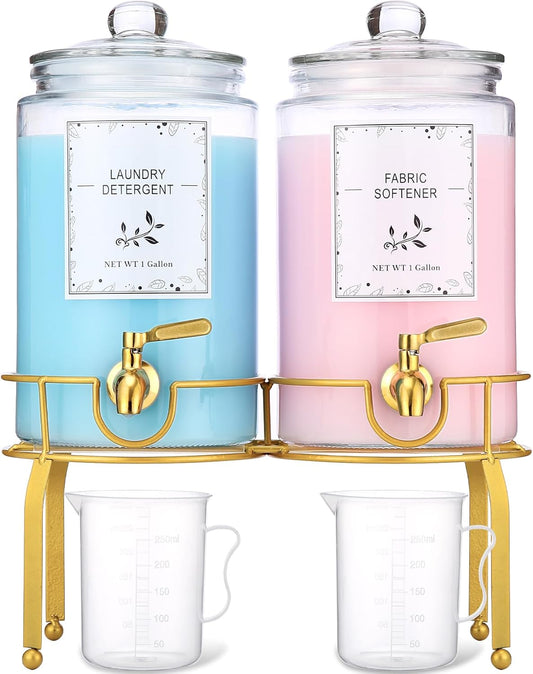 Glass Laundry Detergent Dispenser- 1 Gallon Glass Fabric Softener Dispenser with Leak-Proof Stainless Steel Faucet & Stand. Large Laundry Soap Container for Washer Room Organization &Storage