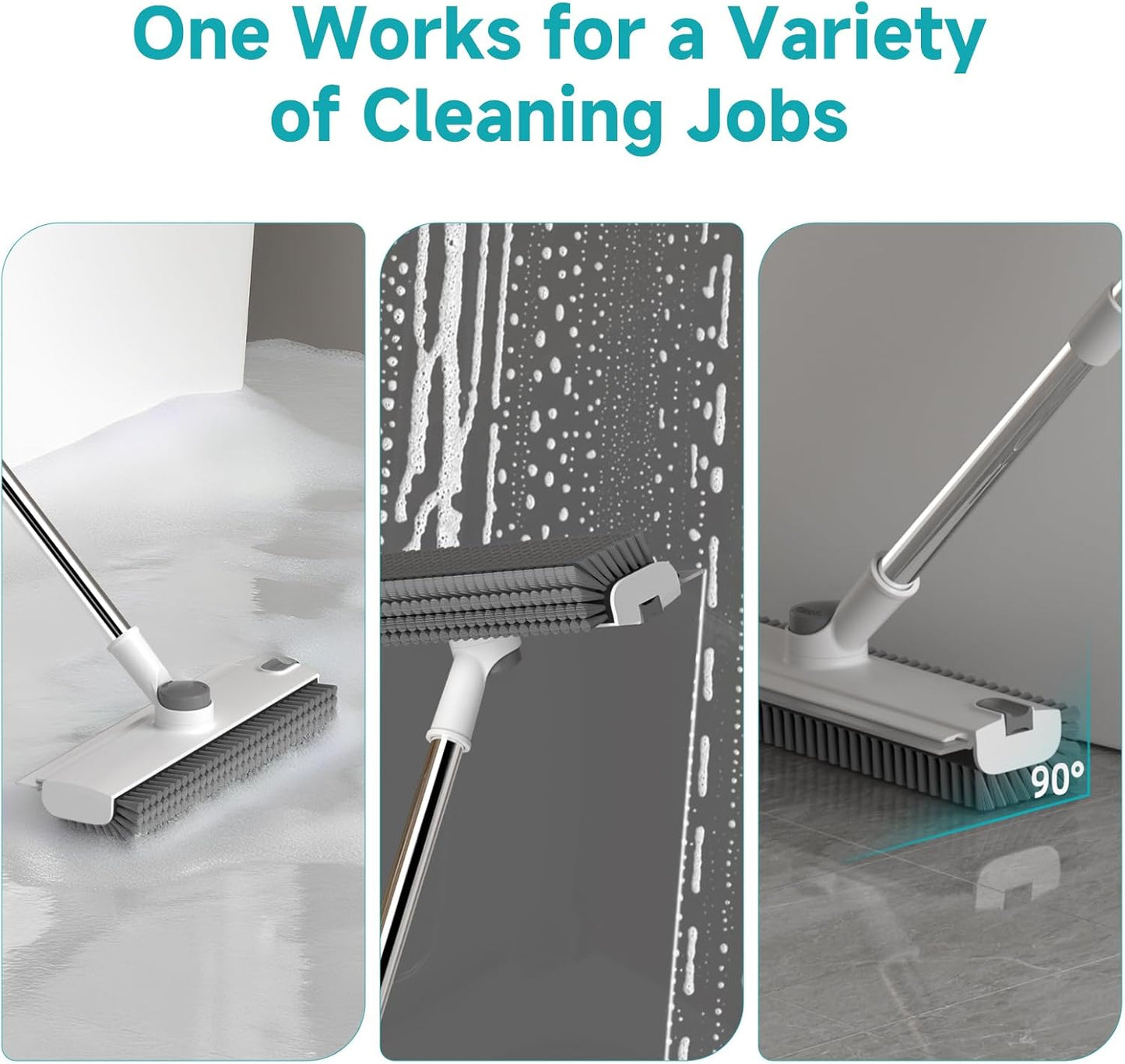 Floor Scrub Brush with Long Handle Length Adjustable, 3 in 1 Heavy-Duty Stiff 90° Bristle Floor Scrubber Broom with Squeegee, Cleaning Brush for Bathroom, Garage, Kitchen, Tile, Deck & Patio (Gray)