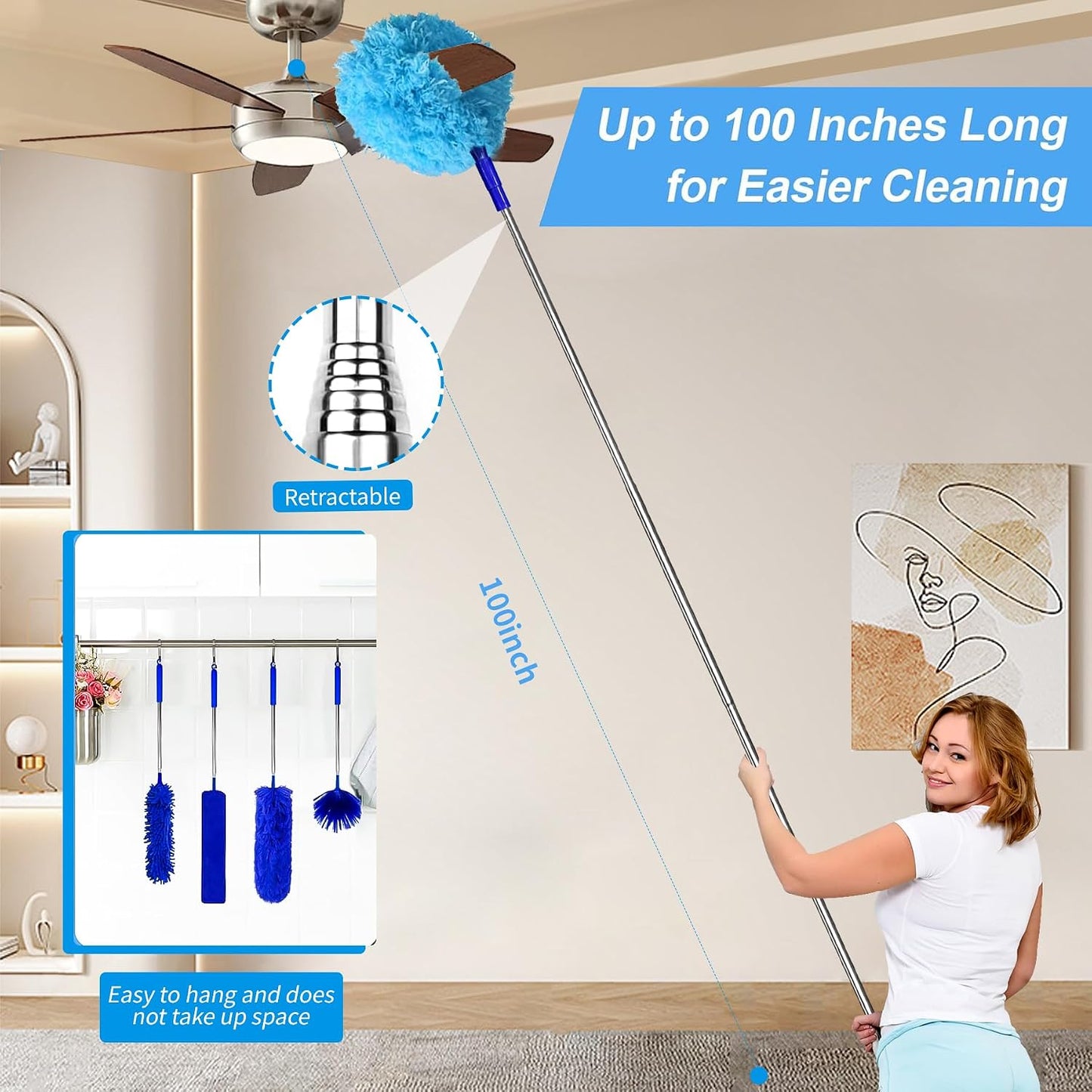 Duster with Extension Pole - Blue | 5-in-1 Kit Dusters for Cleaning, Extendable Duster with 100 Inches, Microfiber Dusters for Ceiling Fans, Furniture, Blinds