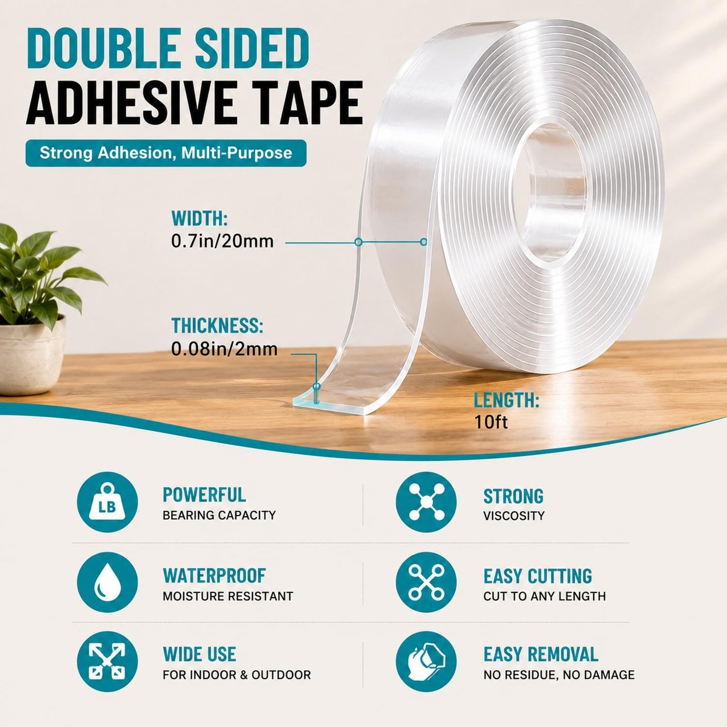 Ohayooz® Extra Strong Double Sided Tape Heavy Duty Removable 10FT, Clear Sticky Nano Adhesive Wall Tape for Hanging Picture, Poster, Carpet, Photo Deco