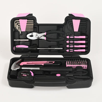 144-Piece General Household Hand Tool Kit with Plastic Toolbox Pink | Basic General Hand Tool Kit, Household Tool Set, for Home Repair, Office & College Dormitory Use, Daily Use for Women