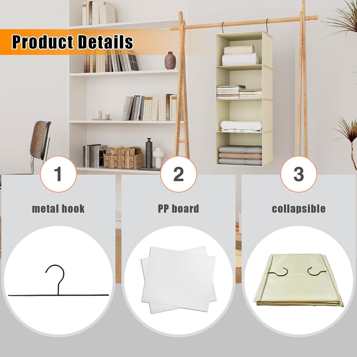 Hanging Closet Organizer 3-Shelf, Oxford Fabric Wardrobe Storage, Gray | Easy-mount foldable design holds clothes, handbags, shoes & accessories; washable Oxford fabric, sturdy and space-saving.