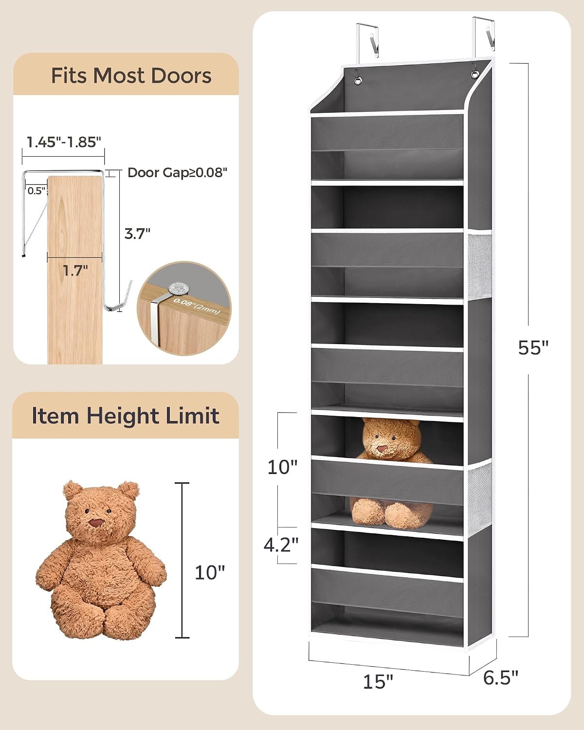 ULG 1 Pack Over Door Organizer with 5 Large Pockets 10 Mesh Side Pockets, Upgraded Linen Texture Over The Door Storage, 44 lbs Weight Capacity Hanging Storage Organizer, Ivory