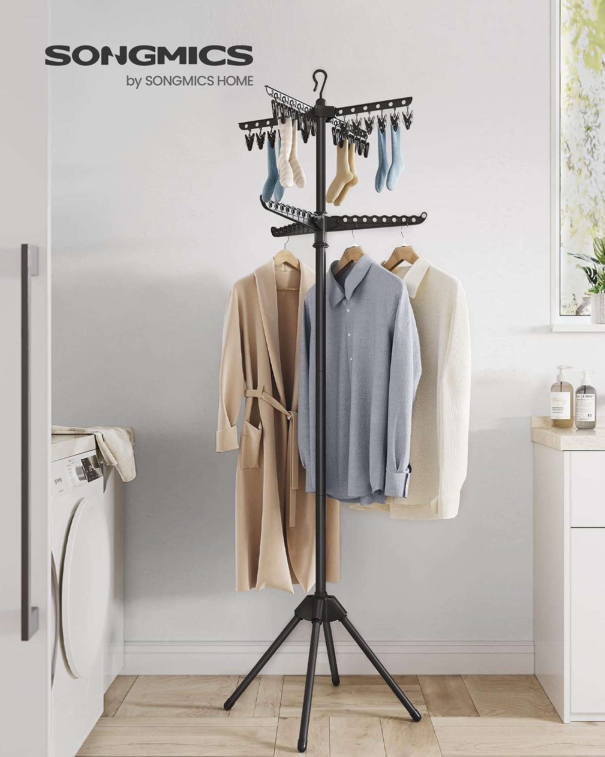 SONGMICS 2-Tier Clothes Drying Rack, 72-Inch Folding Laundry Drying Rack with 3 Rotatable Arms for Hangers, 24 Clips, Stainless Steel, for 27 Pieces of Clothes, Blue and Silver ULLR512Q01