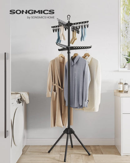 SONGMICS 2-Tier Clothes Drying Rack, 72-Inch Folding Laundry Drying Rack with 3 Rotatable Arms for Hangers, 24 Clips, Stainless Steel, for 27 Pieces of Clothes, Blue and Silver ULLR512Q01