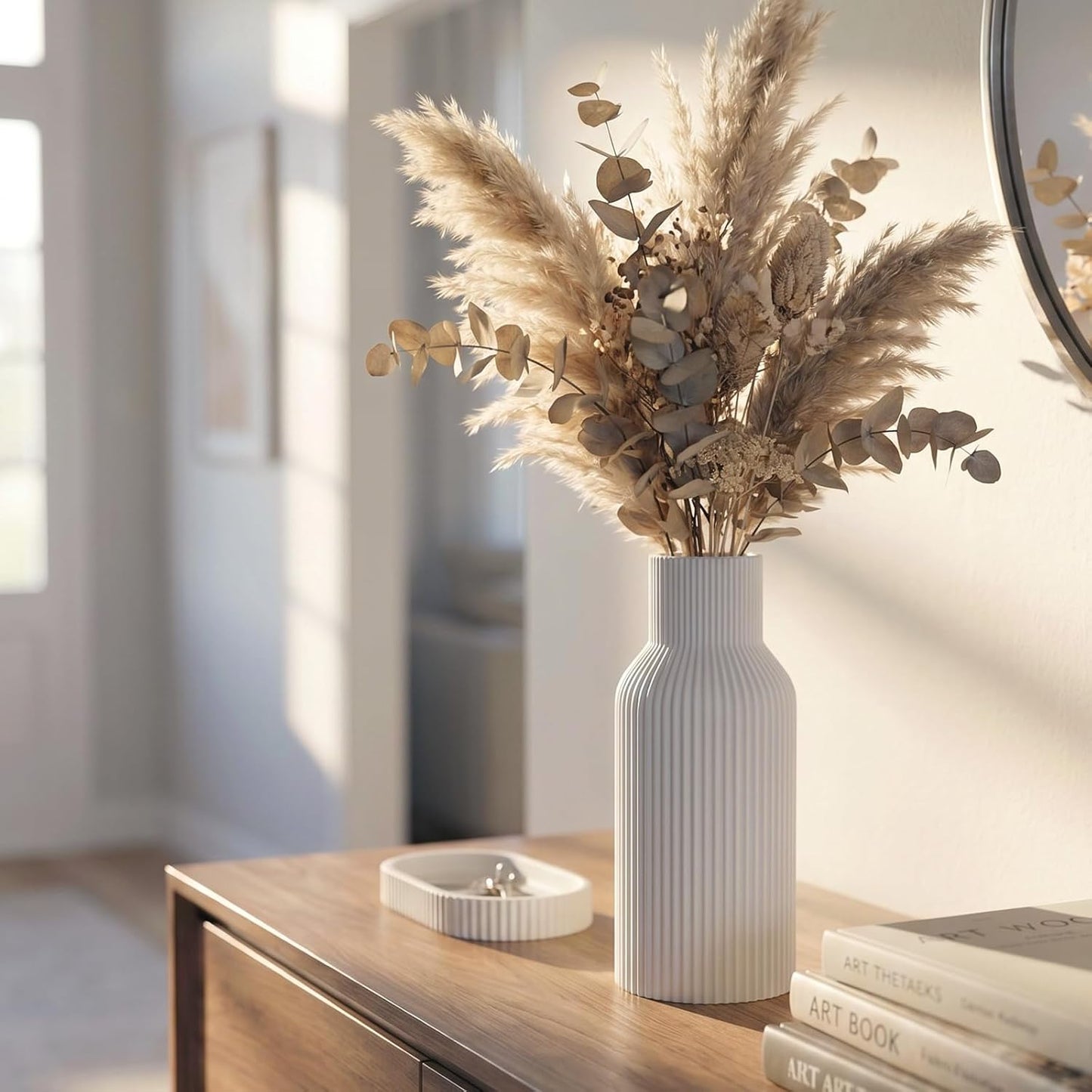 White Ceramic Flower Vases Set of 3, Modern Matte Vertical Ribbed, Nordic Minimalist Decor for Pampas, Dried & Fresh Flowers, Centerpiece for Living Room, Shelf, Entryway, Wedding,Office