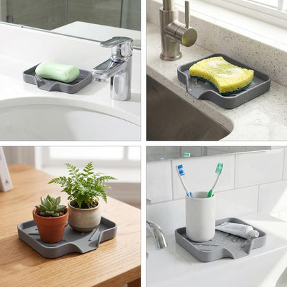 Silicone Bathroom Soap Dishes with Drain Spout Soap Dispenser Tray Sponge Holder Self Draining Kitchen Sink Counter Organizer Caddy for Dispenser Scrubber Bottle Cup(Black)